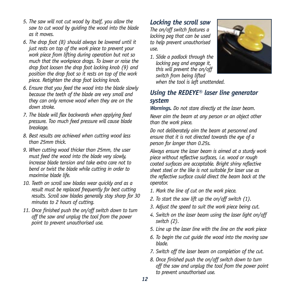 Locking the scroll saw, Using the redeye® laser line generator system | Global Machinery Company REDEYE LSSCR User Manual | Page 12 / 16