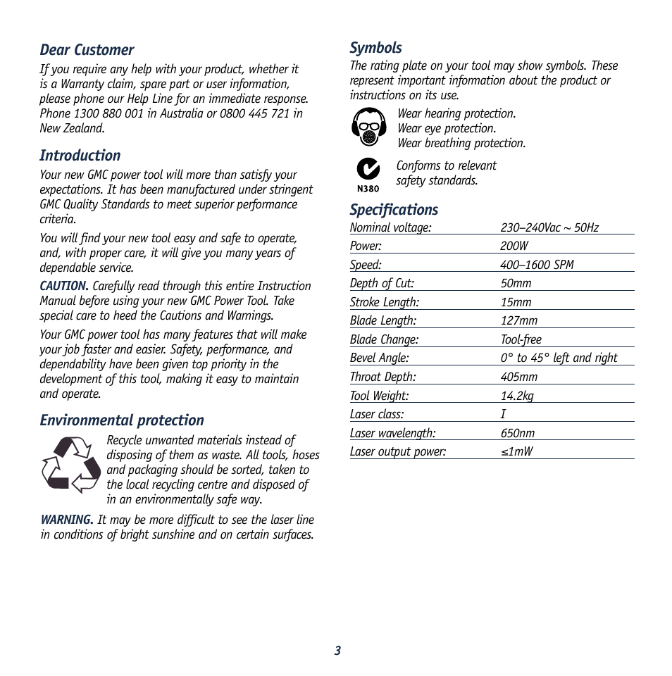 Symbols, Specifications, Dear customer | Introduction, Environmental protection | Global Machinery Company REDEYE LSSCR User Manual | Page 3 / 16