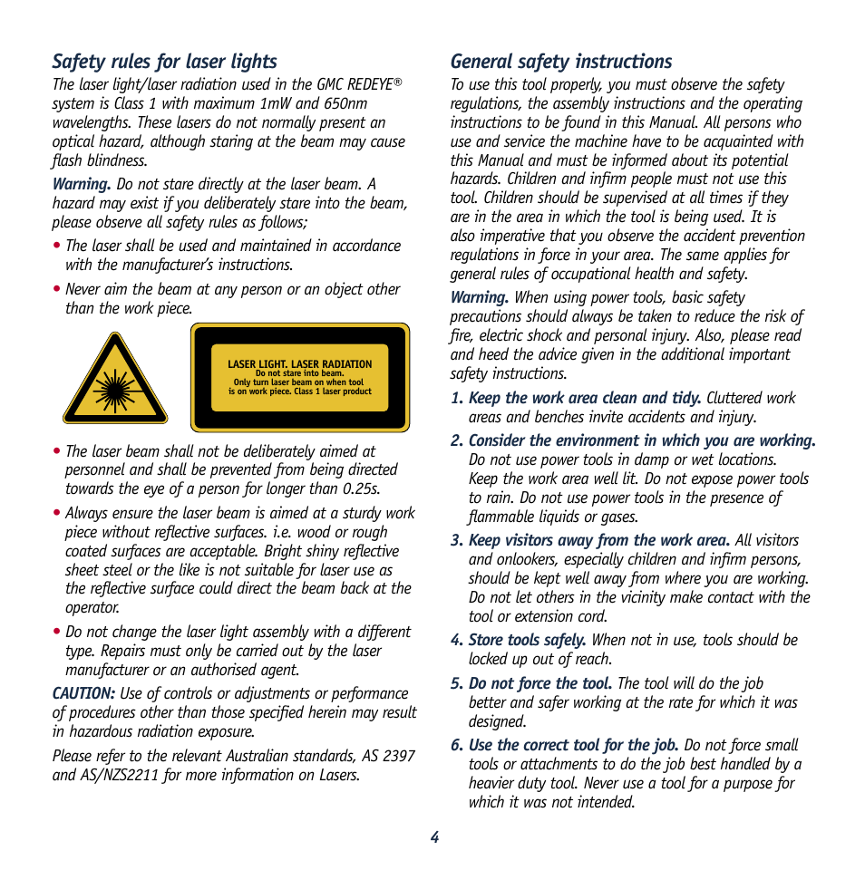 Safety rules for laser lights, General safety instructions | Global Machinery Company REDEYE LSSCR User Manual | Page 4 / 16