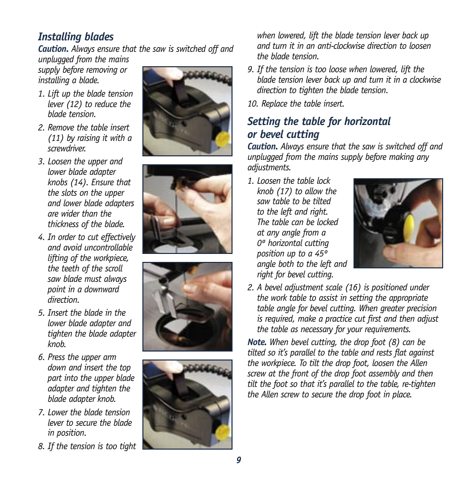 Installing blades, Setting the table for horizontal or bevel cutting | Global Machinery Company REDEYE LSSCR User Manual | Page 9 / 16
