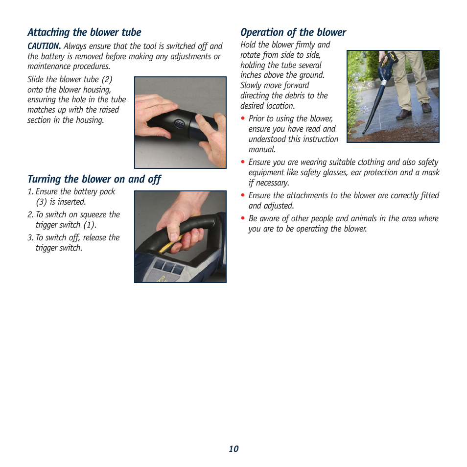 Attaching the blower tube, Turning the blower on and off, Operation of the blower | Global Machinery Company CBL18 User Manual | Page 10 / 12