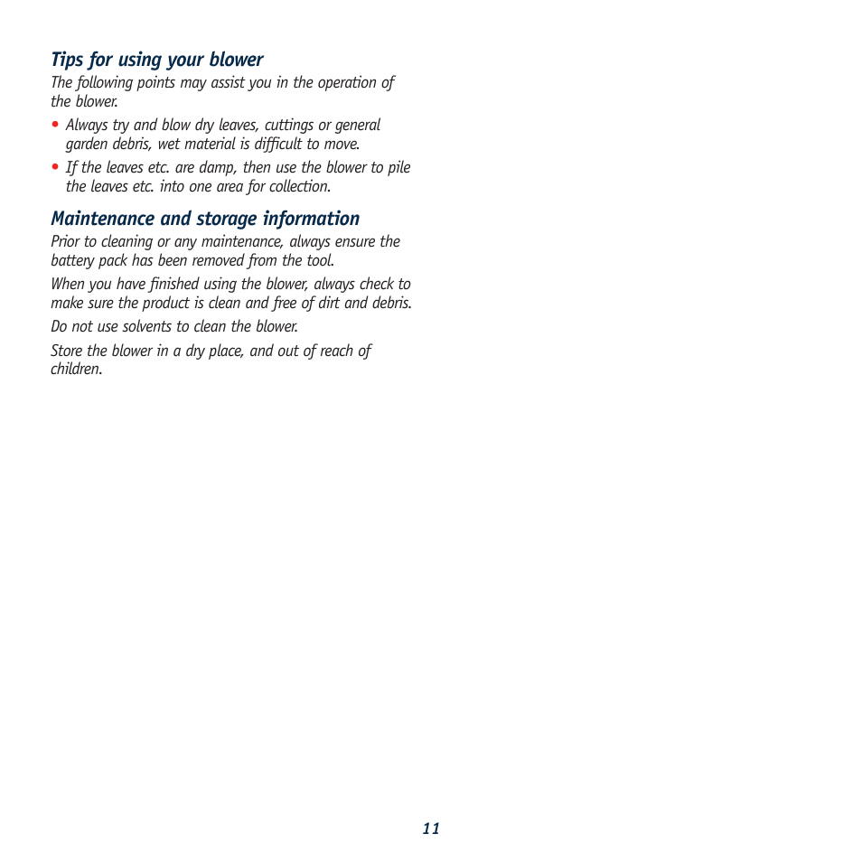 Tips for using your blower, Maintenance and storage information | Global Machinery Company CBL18 User Manual | Page 11 / 12