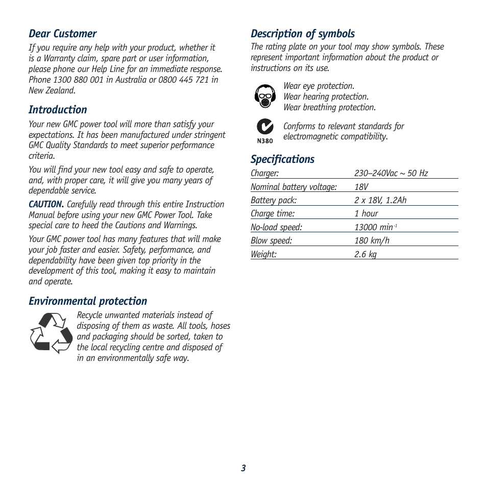 Dear customer, Introduction, Environmental protection | Description of symbols, Specifications | Global Machinery Company CBL18 User Manual | Page 3 / 12