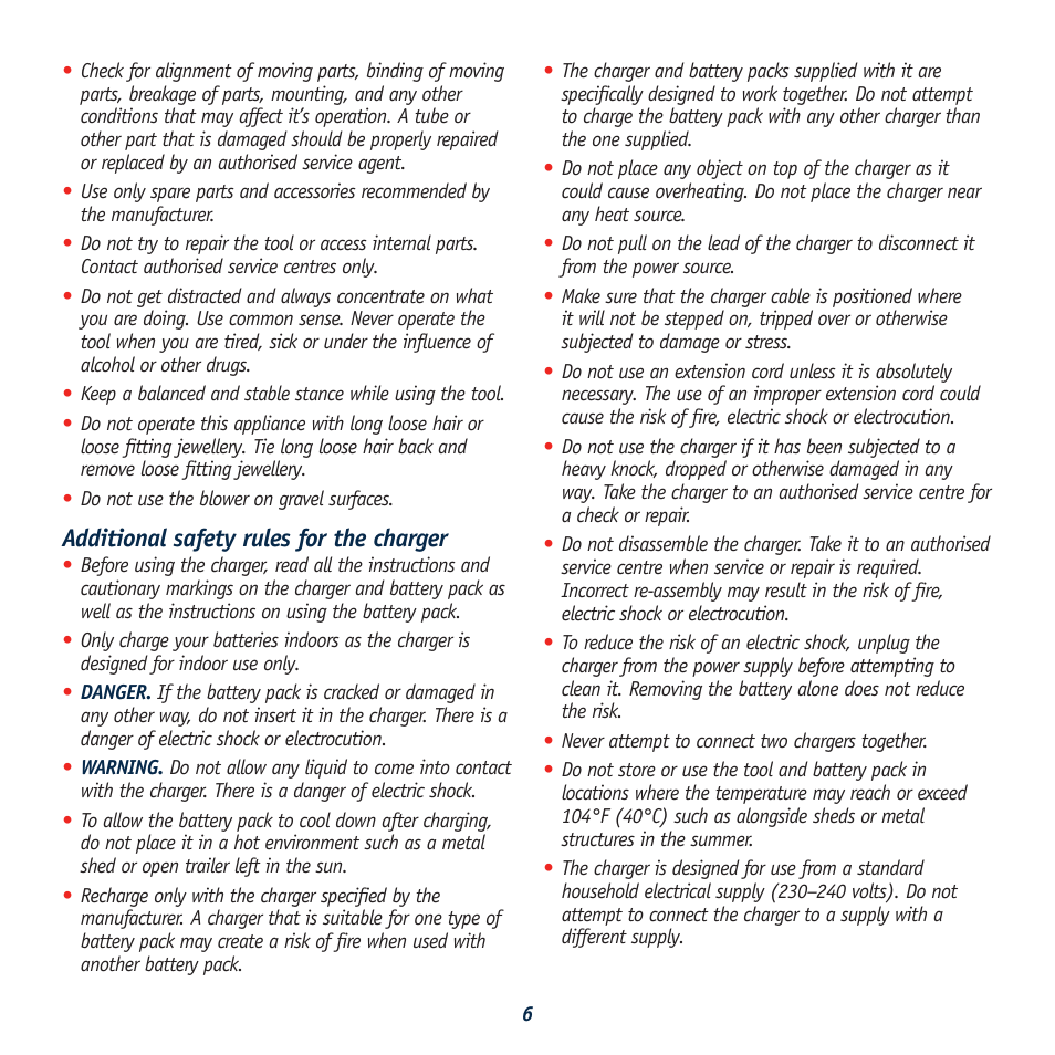 Additional safety rules for the charger | Global Machinery Company CBL18 User Manual | Page 6 / 12