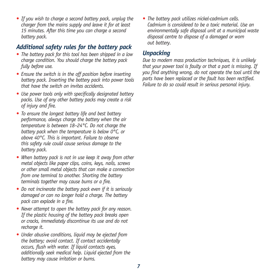 Additional safety rules for the battery pack, Unpacking | Global Machinery Company CBL18 User Manual | Page 7 / 12