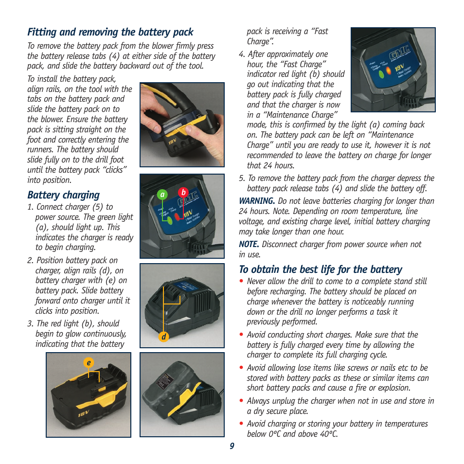 Fitting and removing the battery pack, Battery charging | Global Machinery Company CBL18 User Manual | Page 9 / 12