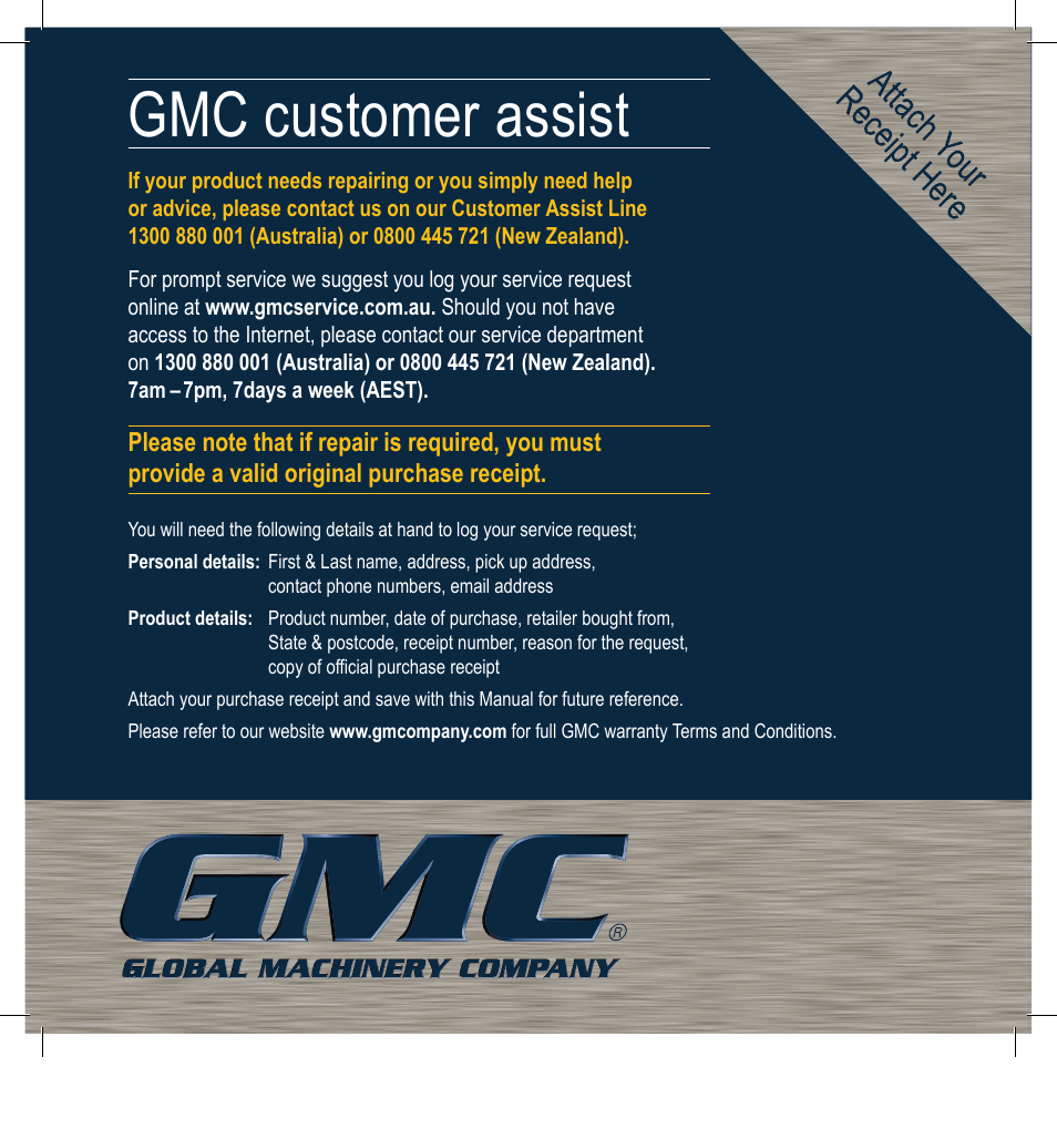 Gmc customer assist | Global Machinery Company ROS150CF User Manual | Page 12 / 12