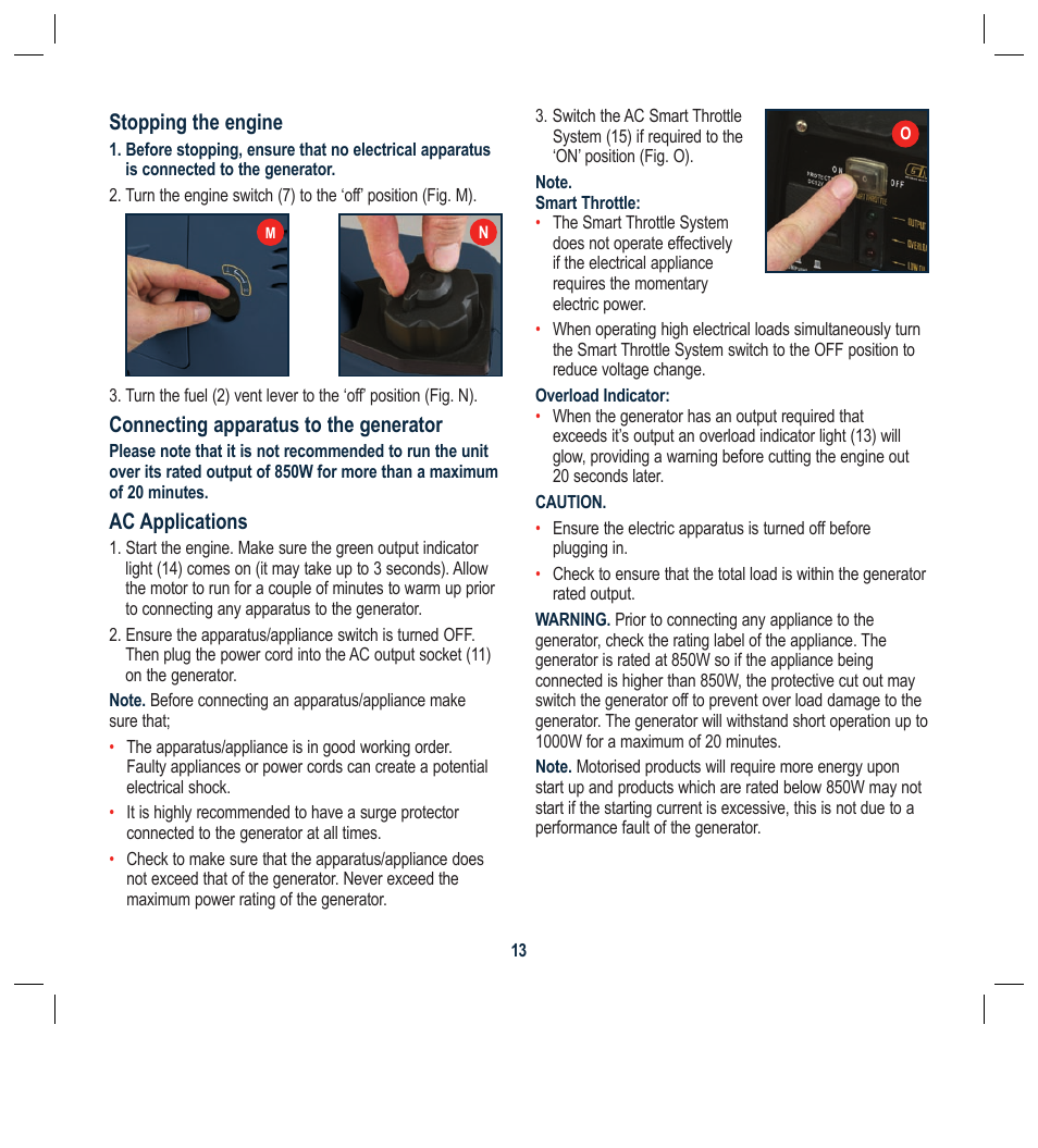 Stopping the engine, Connecting apparatus to the generator, Ac applications | Global Machinery Company G25 User Manual | Page 13 / 24