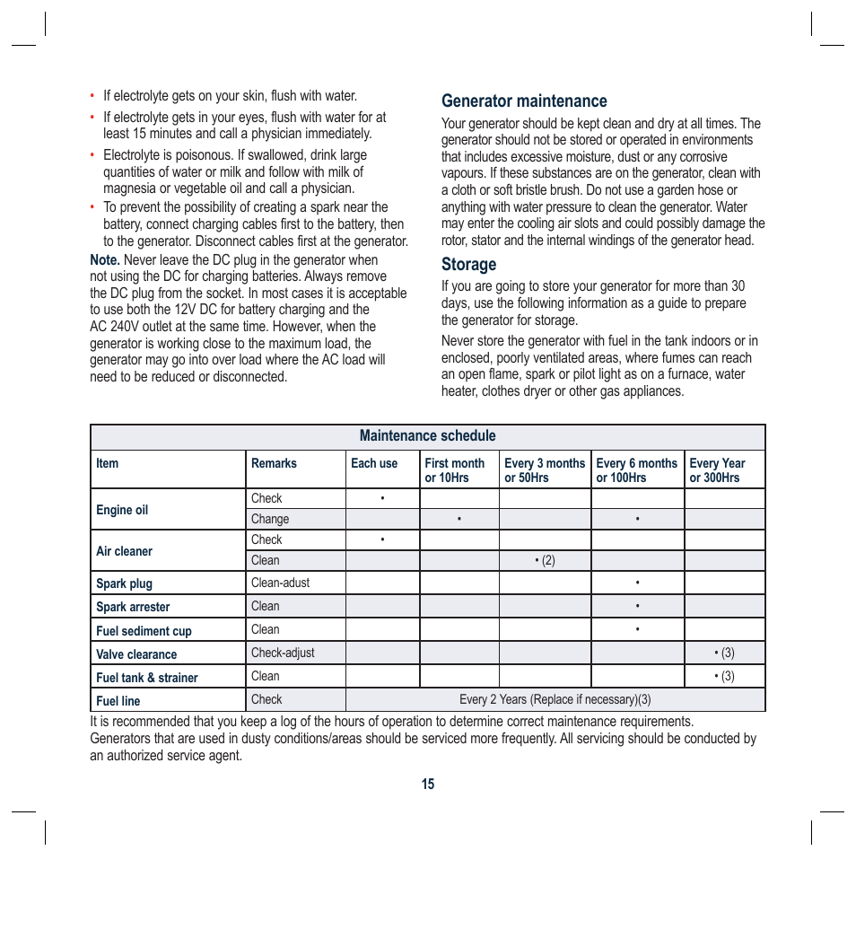 Generator maintenance, Storage | Global Machinery Company G25 User Manual | Page 15 / 24