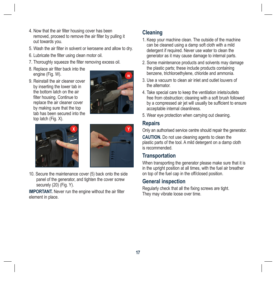 Cleaning, Repairs, Transportation | General inspection | Global Machinery Company G25 User Manual | Page 17 / 24