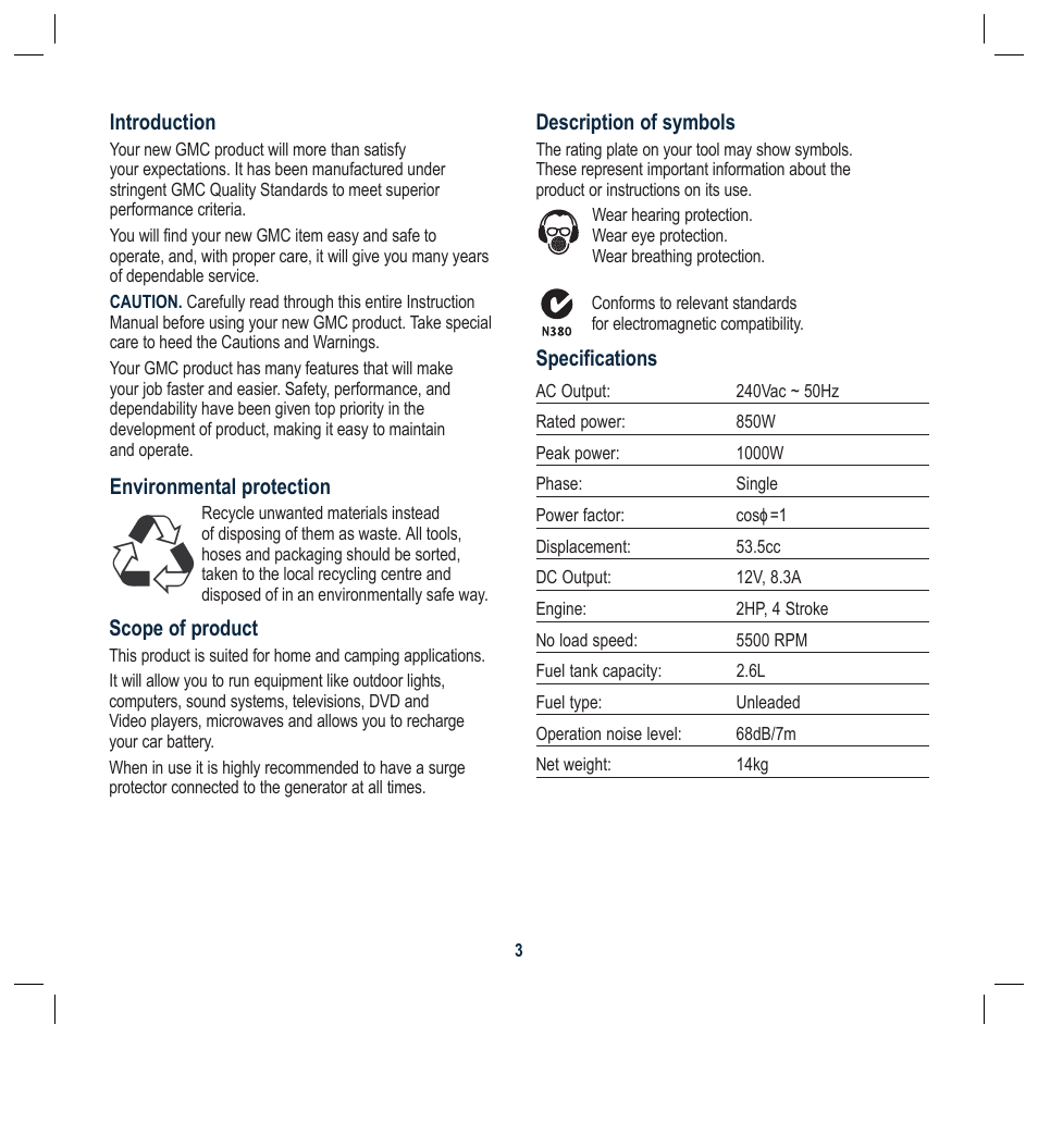 Description of symbols, Specifications, Introduction | Environmental protection, Scope of product | Global Machinery Company G25 User Manual | Page 3 / 24