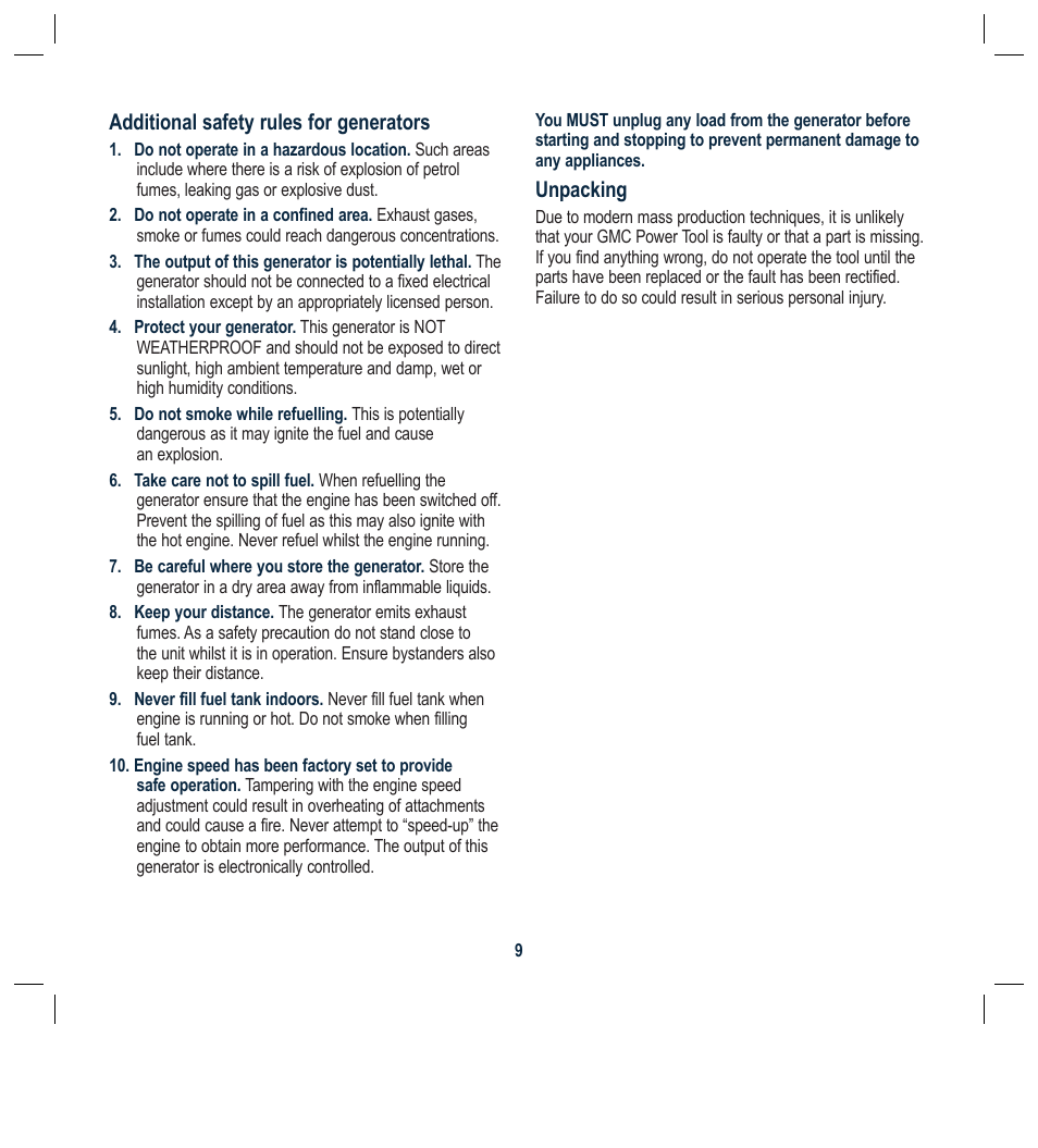 Additional safety rules for generators, Unpacking | Global Machinery Company G25 User Manual | Page 9 / 24