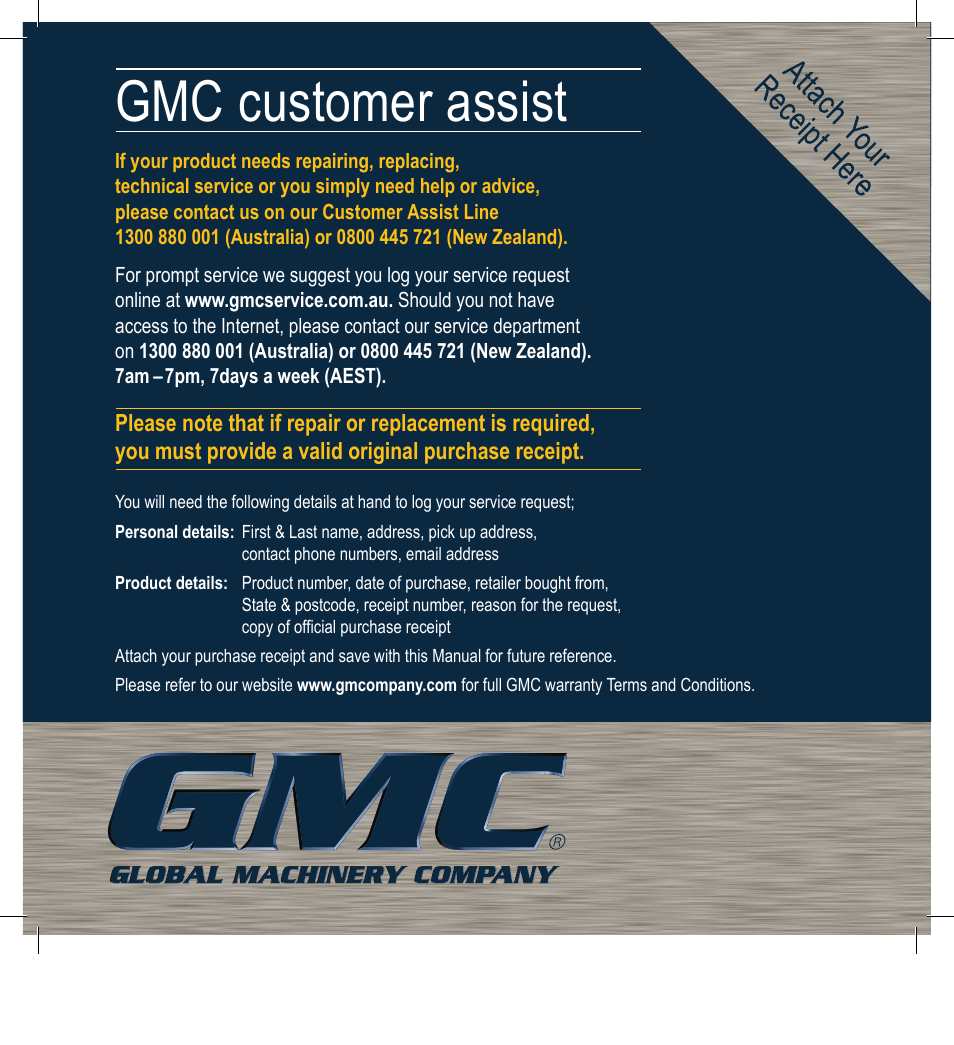 Gmc customer assist | Global Machinery Company ULB2400 User Manual | Page 12 / 12