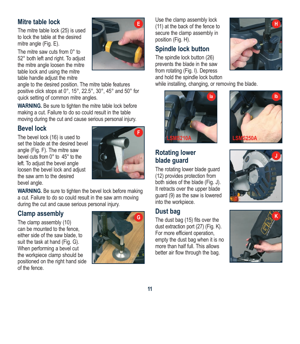 Mitre table lock, Bevel lock, Clamp assembly | Spindle lock button, Rotating lower blade guard, Dust bag | Global Machinery Company LSM210A User Manual | Page 11 / 20