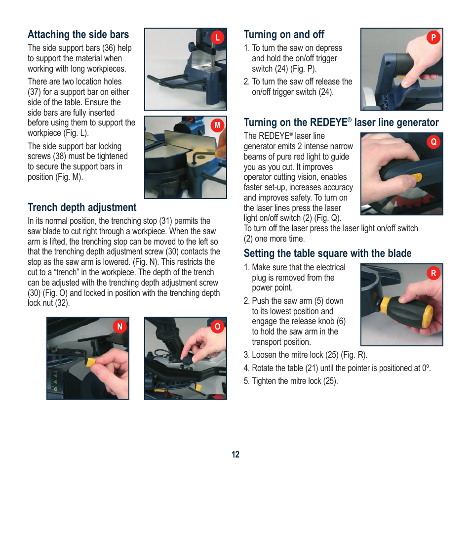 Attaching the side bars, Trench depth adjustment, Turning on and off | Turning on the redeye, Laser line generator, Setting the table square with the blade | Global Machinery Company LSM210A User Manual | Page 12 / 20