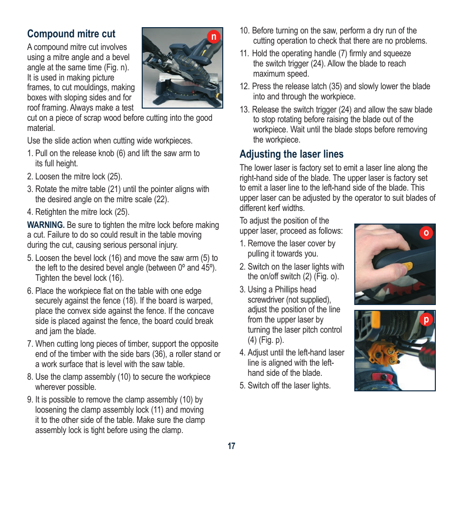 Compound mitre cut, Adjusting the laser lines | Global Machinery Company LSM210A User Manual | Page 17 / 20