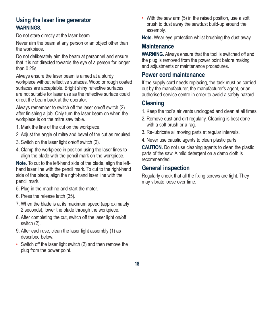 Using the laser line generator, Maintenance, Power cord maintenance | Cleaning, General inspection | Global Machinery Company LSM210A User Manual | Page 18 / 20