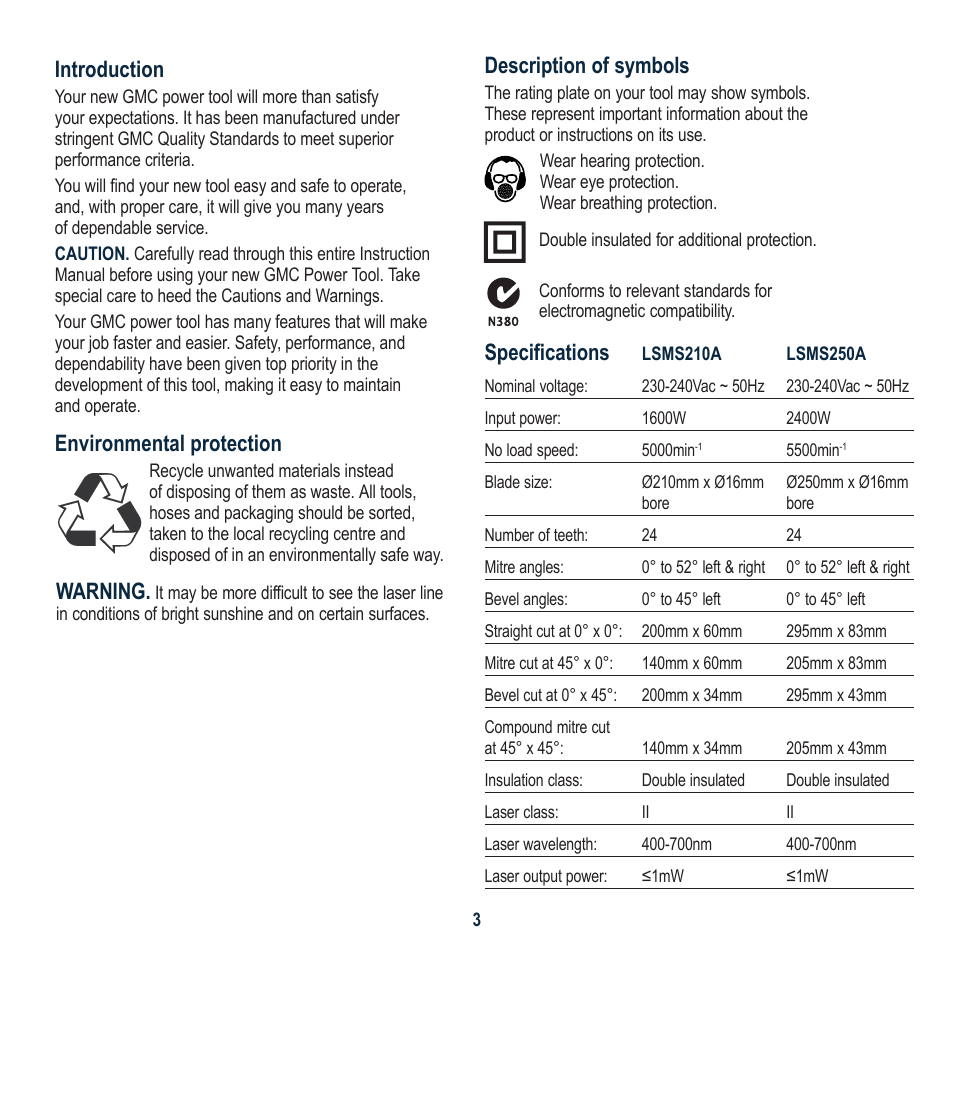 Description of symbols, Specifications, Introduction | Environmental protection, Warning | Global Machinery Company LSM210A User Manual | Page 3 / 20