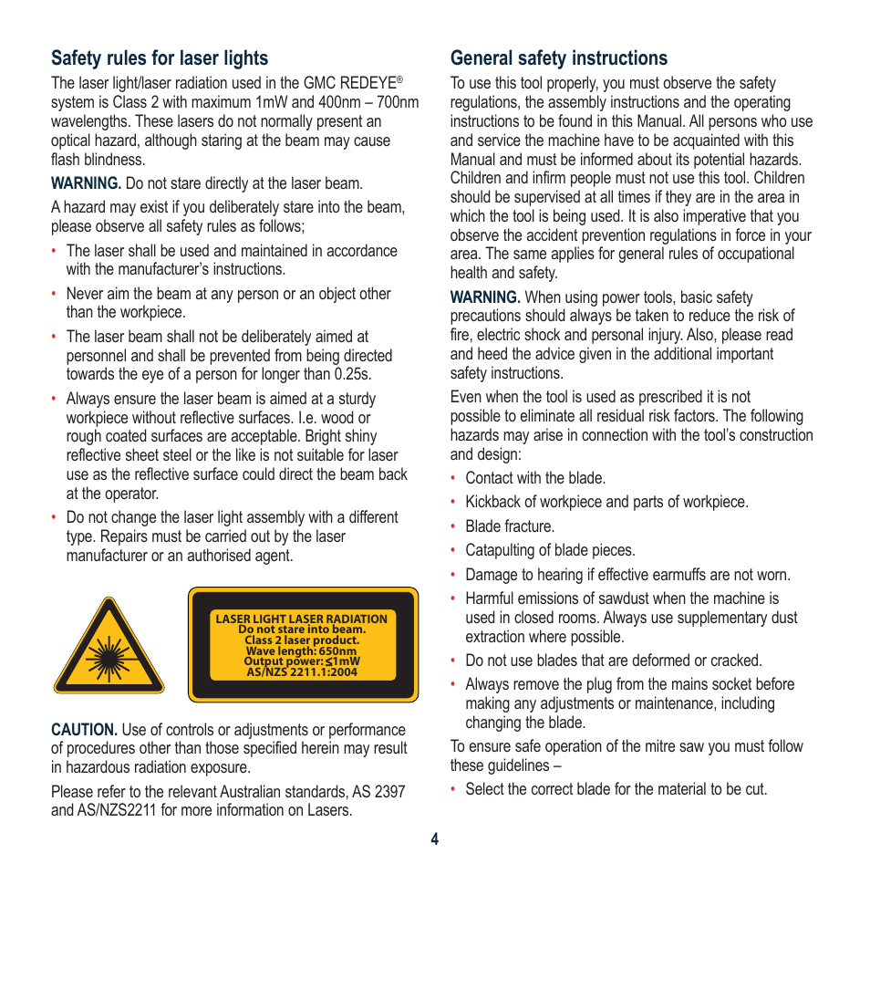 Safety rules for laser lights, General safety instructions | Global Machinery Company LSM210A User Manual | Page 4 / 20
