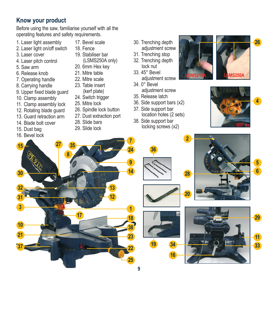 Know your product | Global Machinery Company LSM210A User Manual | Page 9 / 20