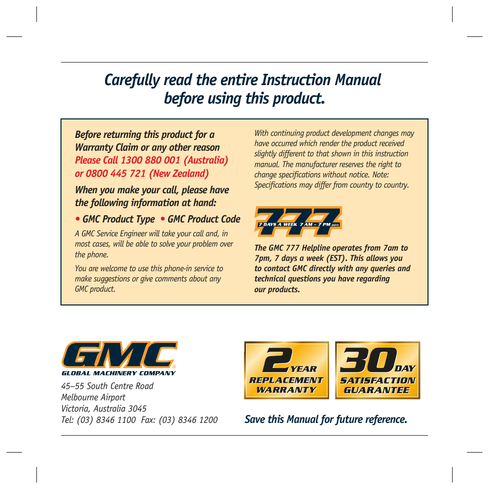Global Machinery Company SA146 User Manual | Page 12 / 12