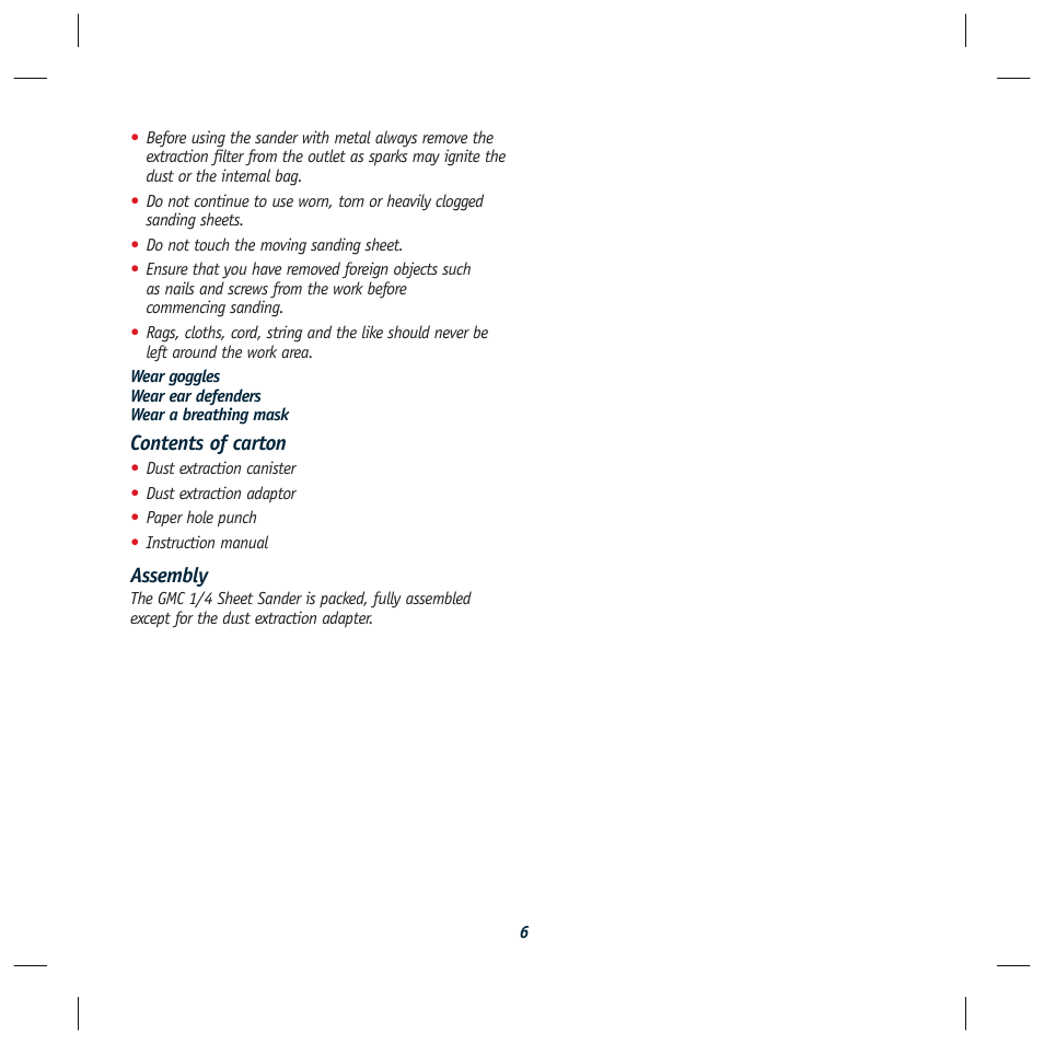 Contents of carton, Assembly | Global Machinery Company SA146 User Manual | Page 6 / 12