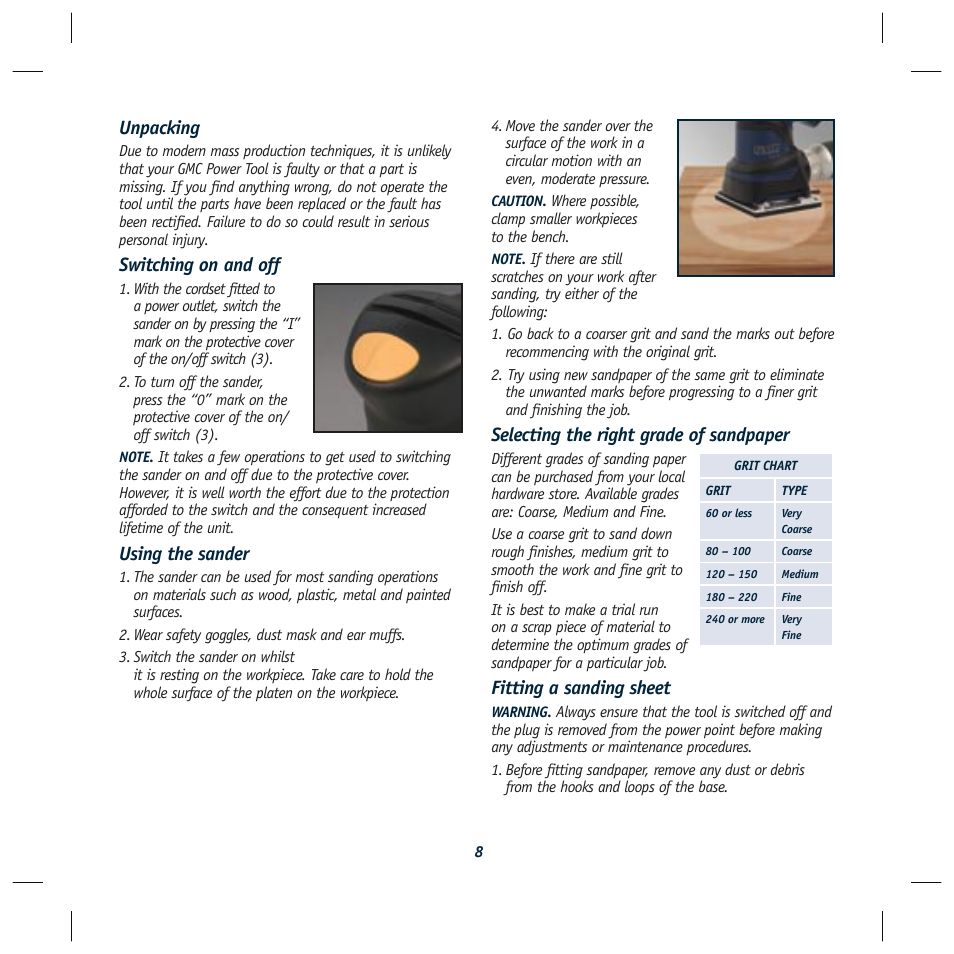 Unpacking, Switching on and off, Using the sander | Selecting the right grade of sandpaper, Fitting a sanding sheet | Global Machinery Company SA146 User Manual | Page 8 / 12