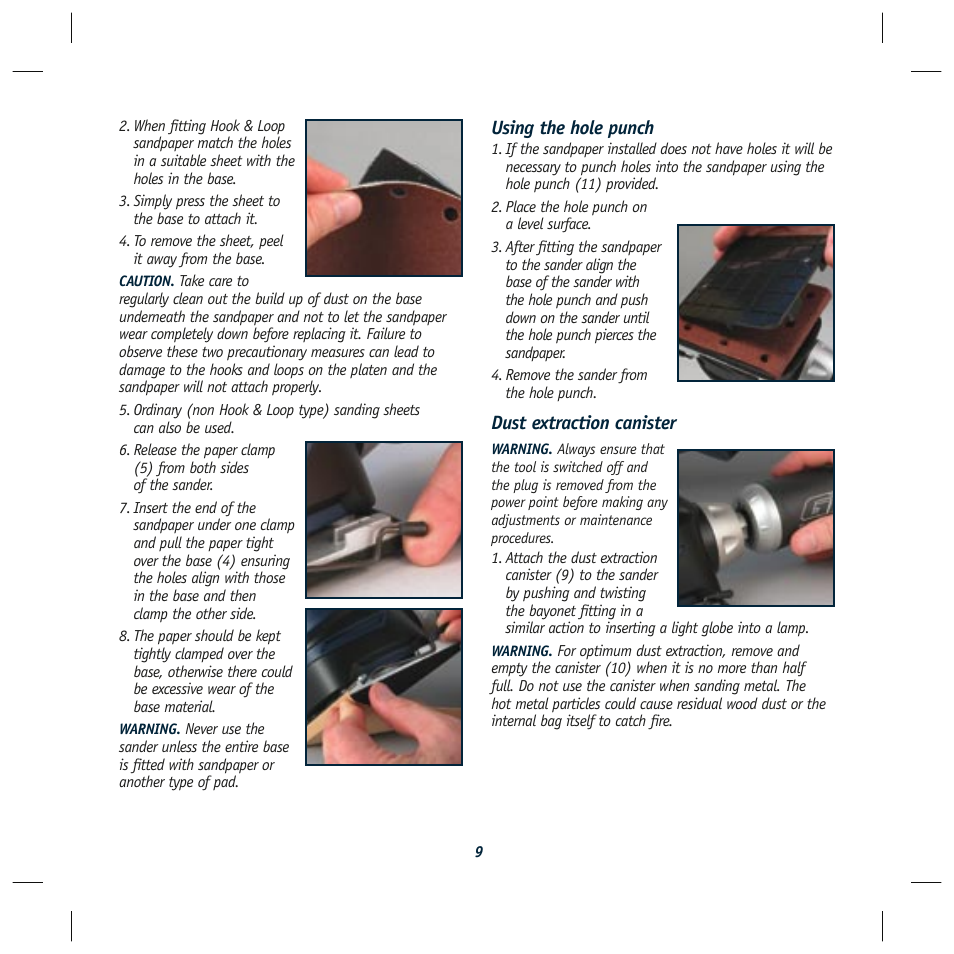 Using the hole punch, Dust extraction canister | Global Machinery Company SA146 User Manual | Page 9 / 12