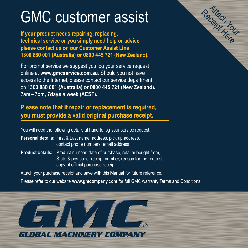 Gmc customer assist | Global Machinery Company ROS400A User Manual | Page 12 / 12
