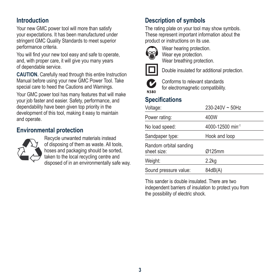 Description of symbols, Specifications, Introduction | Environmental protection | Global Machinery Company ROS400A User Manual | Page 3 / 12