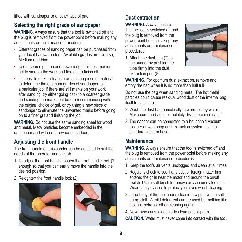 Selecting the right grade of sandpaper, Adjusting the front handle, Dust extraction | Maintenance | Global Machinery Company ROS400A User Manual | Page 9 / 12