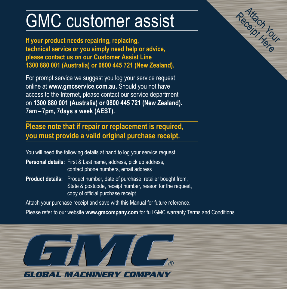 Gmc customer assist | Global Machinery Company MX100MAG User Manual | Page 12 / 12