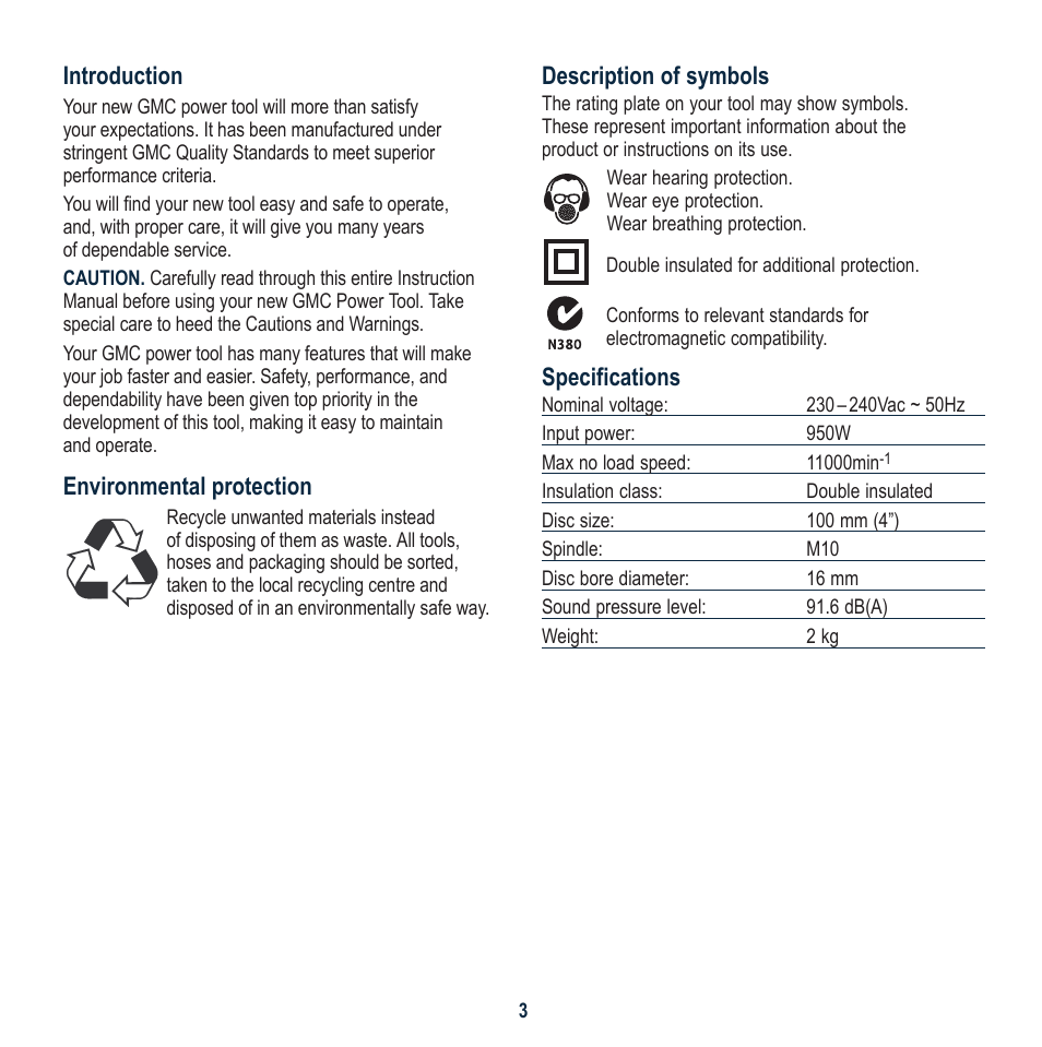 Description of symbols, Specifications, Introduction | Environmental protection | Global Machinery Company MX100MAG User Manual | Page 3 / 12