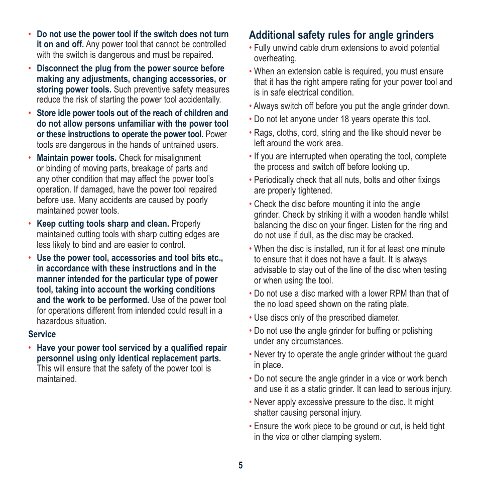 Additional safety rules for angle grinders | Global Machinery Company MX100MAG User Manual | Page 5 / 12