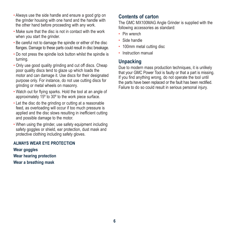 Contents of carton, Unpacking | Global Machinery Company MX100MAG User Manual | Page 6 / 12