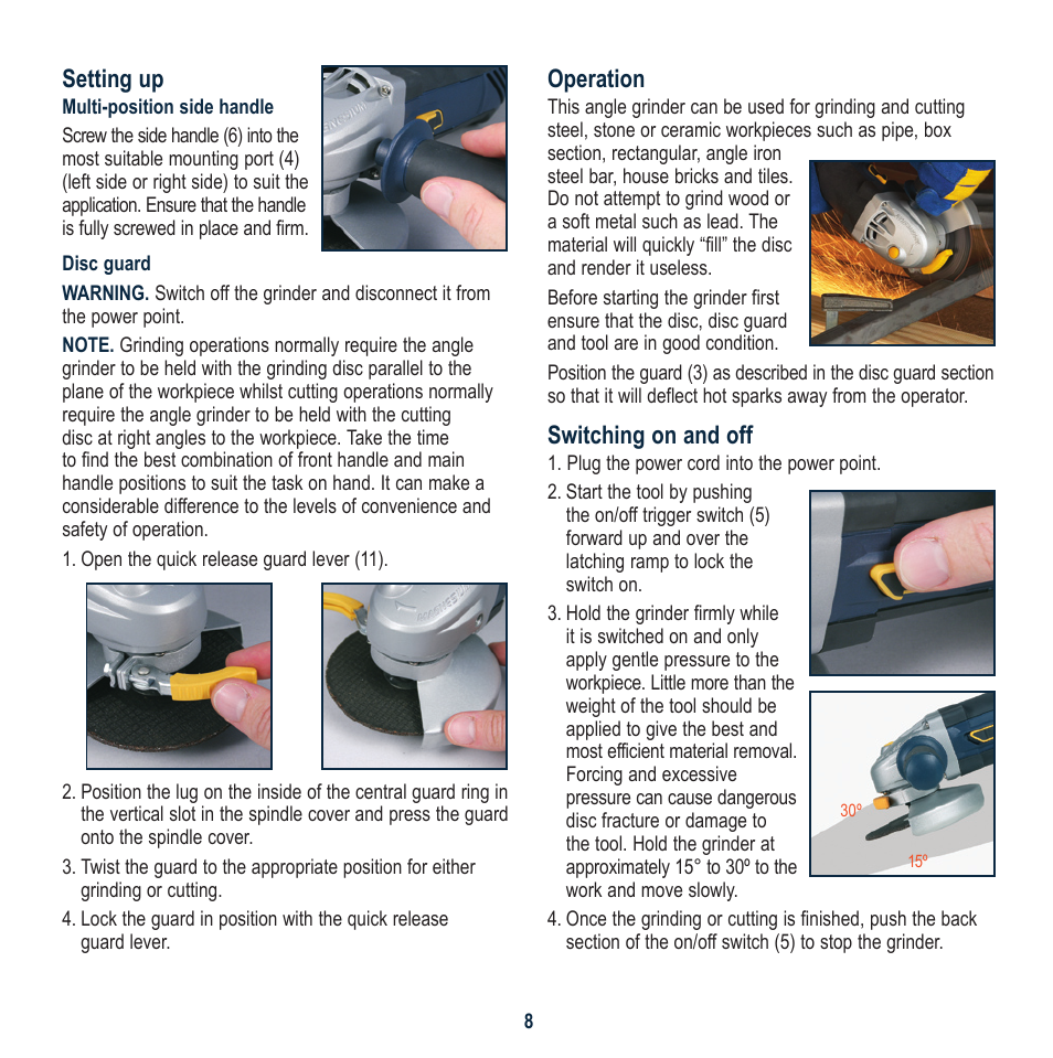 Setting up, Operation, Switching on and off | Global Machinery Company MX100MAG User Manual | Page 8 / 12