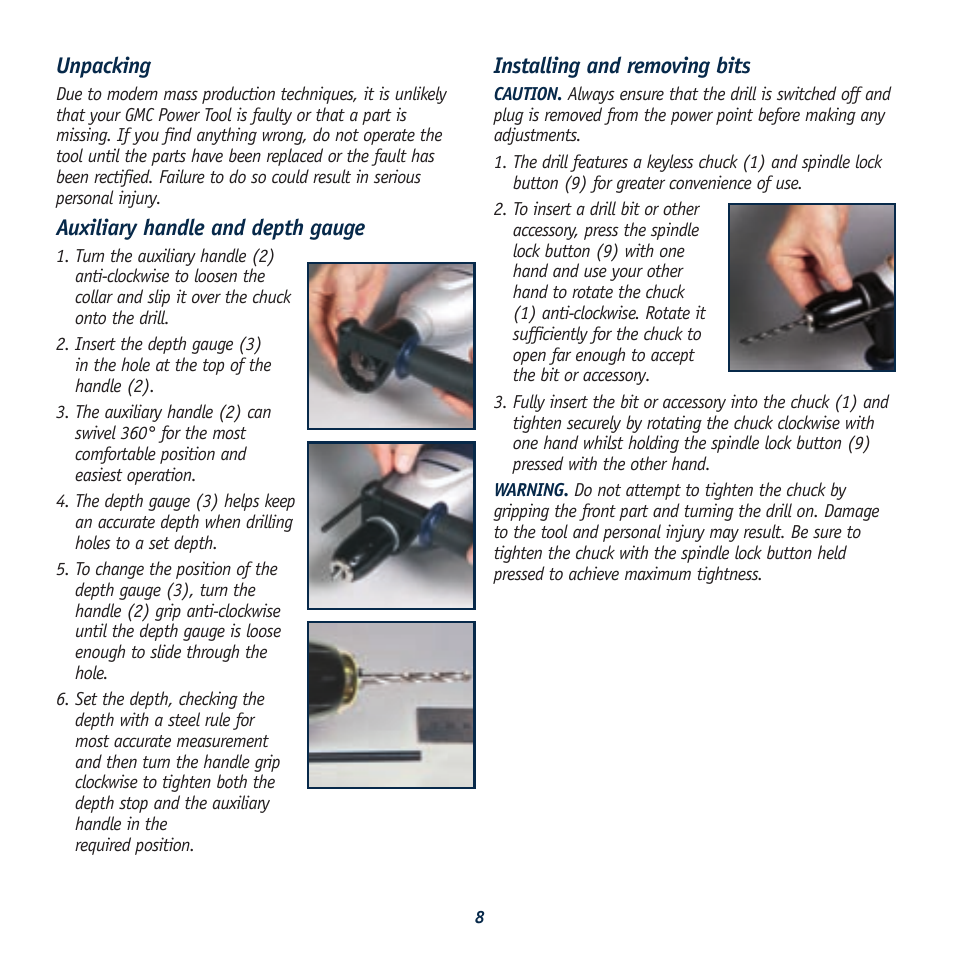 Unpacking, Auxiliary handle and depth gauge, Installing and removing bits | Global Machinery Company HD1400K User Manual | Page 8 / 12