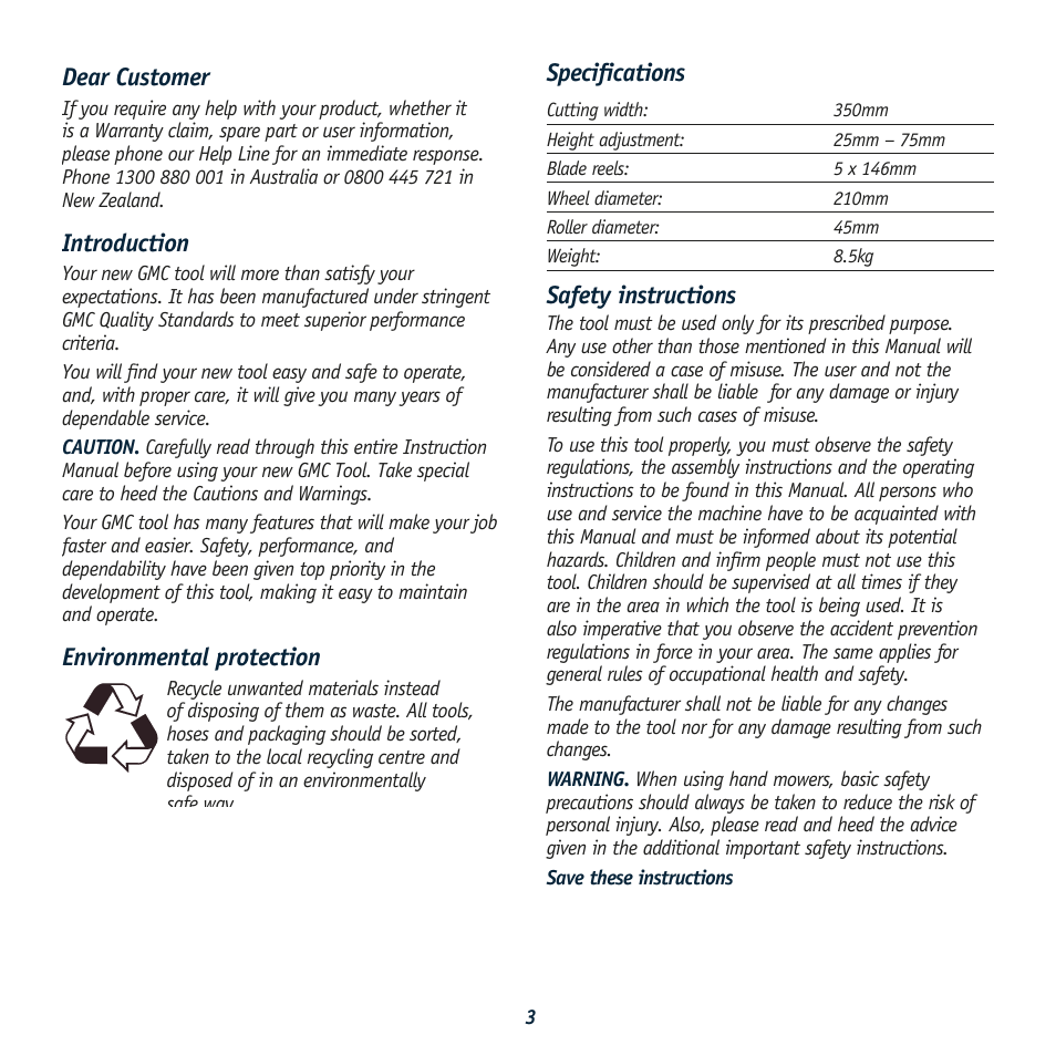 Specifications, Safety instructions, Dear customer | Introduction, Environmental protection | Global Machinery Company HM 350C User Manual | Page 3 / 7