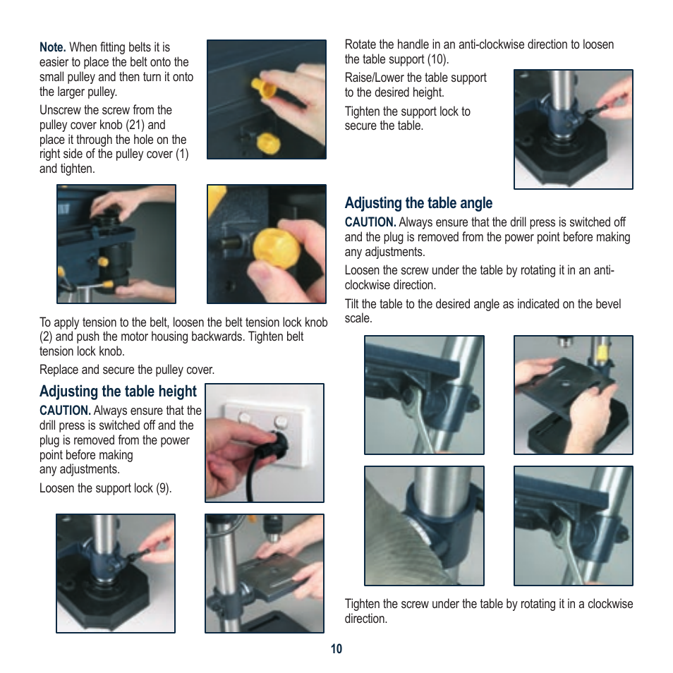 Adjusting the table height, Adjusting the table angle | Global Machinery Company DP21 User Manual | Page 10 / 16