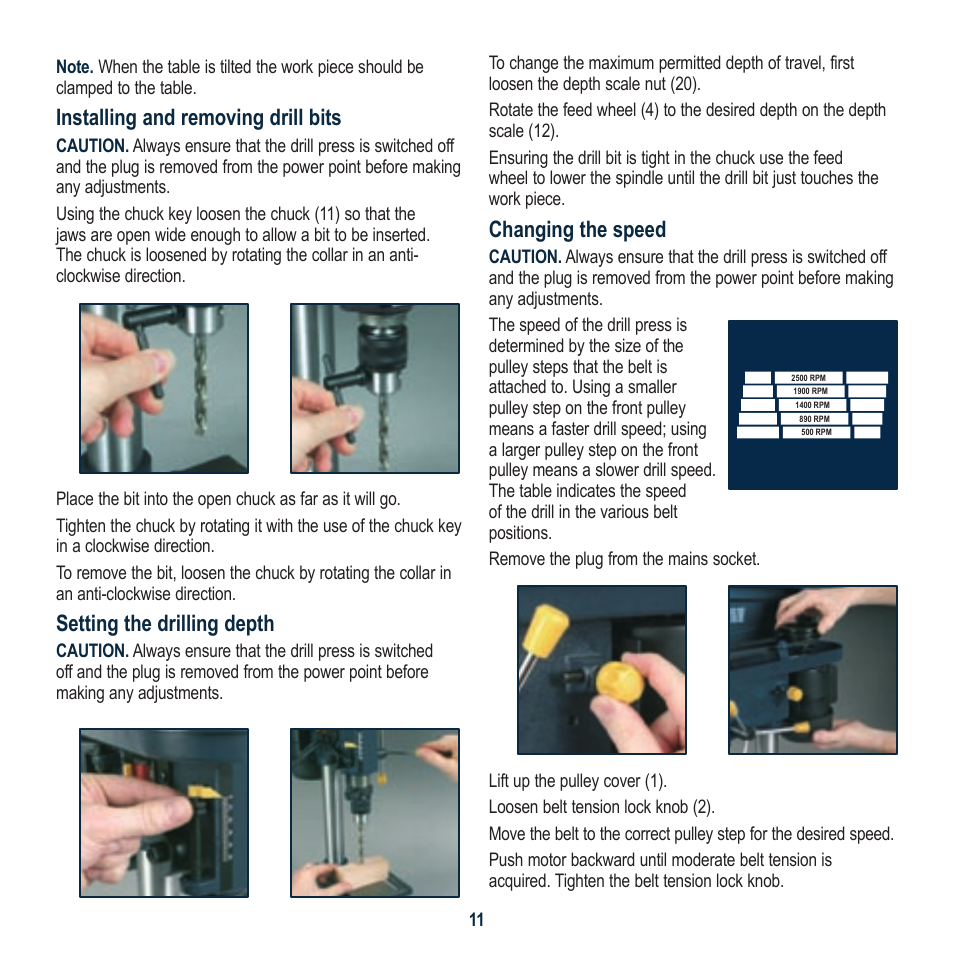 Installing and removing drill bits, Setting the drilling depth, Changing the speed | Global Machinery Company DP21 User Manual | Page 11 / 16