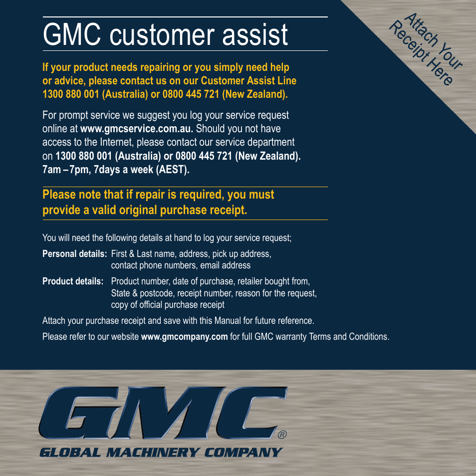 Gmc customer assist | Global Machinery Company DP21 User Manual | Page 16 / 16