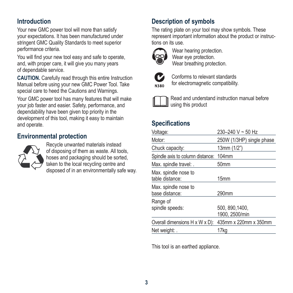 Description of symbols, Specifications, Introduction | Environmental protection | Global Machinery Company DP21 User Manual | Page 3 / 16