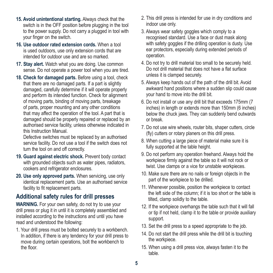 Additional safety rules for drill presses | Global Machinery Company DP21 User Manual | Page 5 / 16