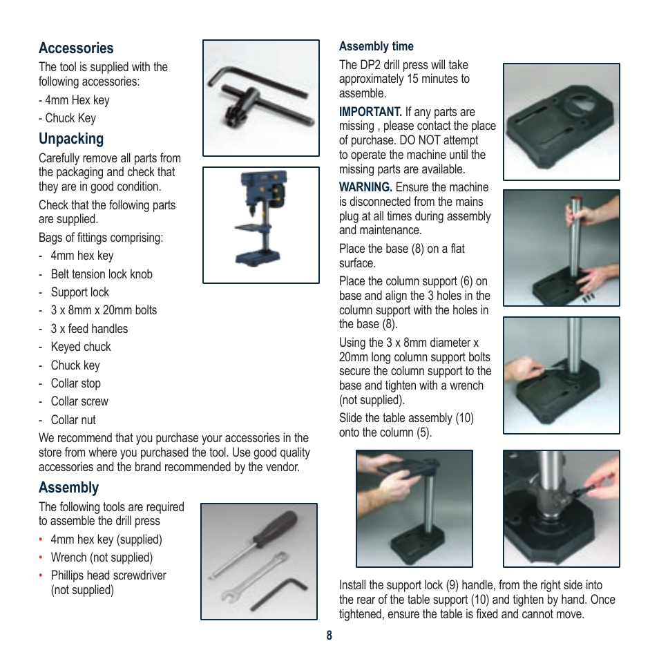 Accessories, Unpacking, Assembly | Global Machinery Company DP21 User Manual | Page 8 / 16