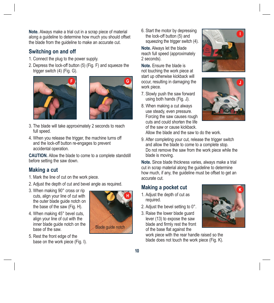 Switching on and off, Making a cut, Making a pocket cut | Global Machinery Company LS1200 User Manual | Page 10 / 16