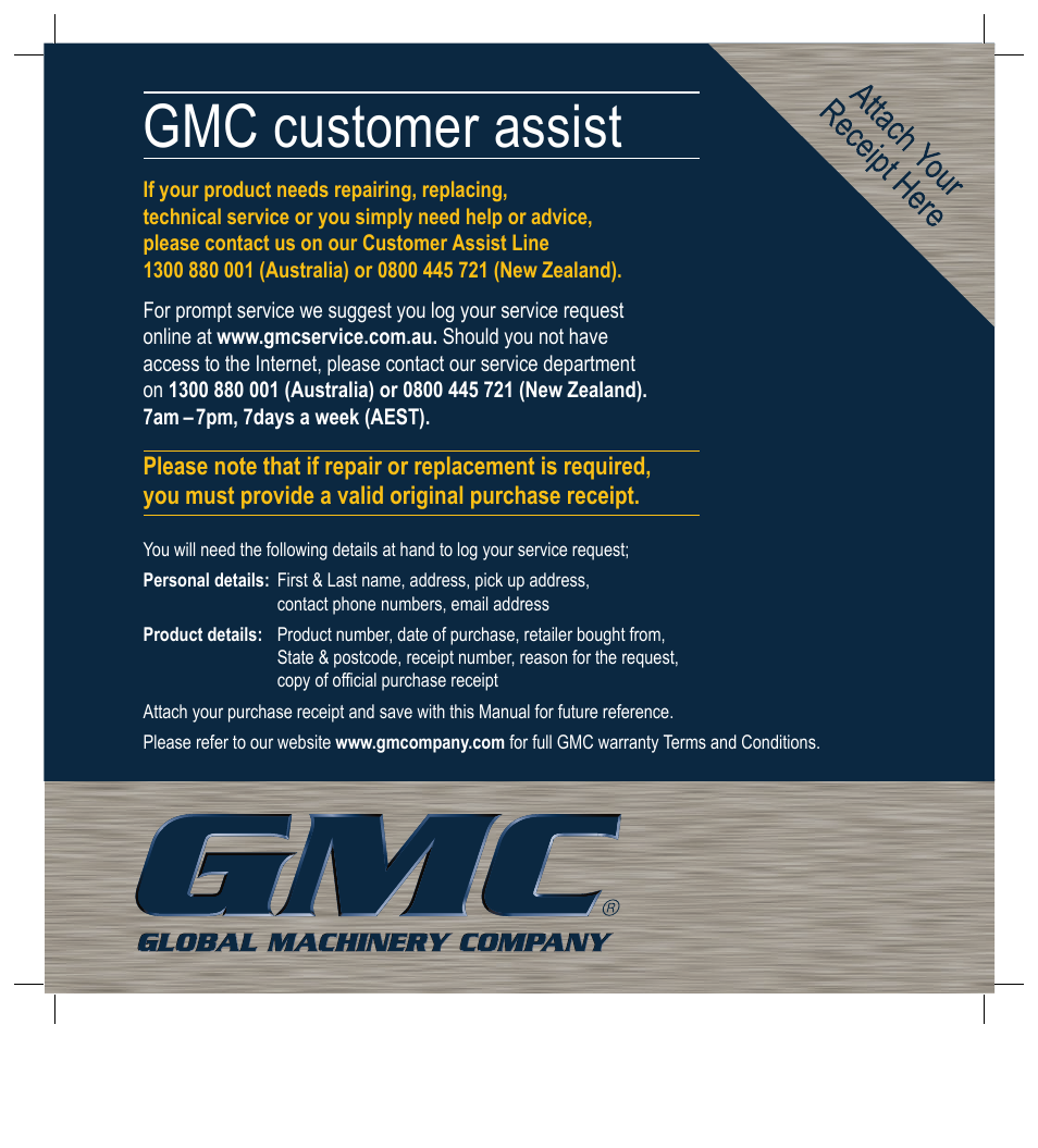 Gmc customer assist | Global Machinery Company LS1200 User Manual | Page 16 / 16