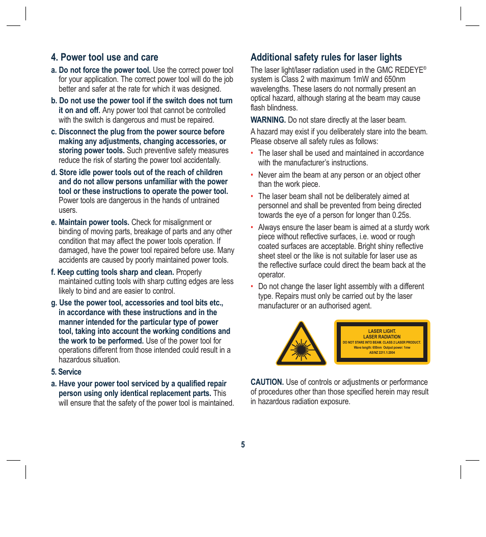 Power tool use and care, Additional safety rules for laser lights | Global Machinery Company LS1200 User Manual | Page 5 / 16