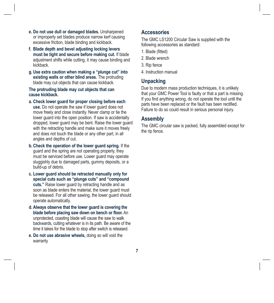 Accessories, Unpacking, Assembly | Global Machinery Company LS1200 User Manual | Page 7 / 16