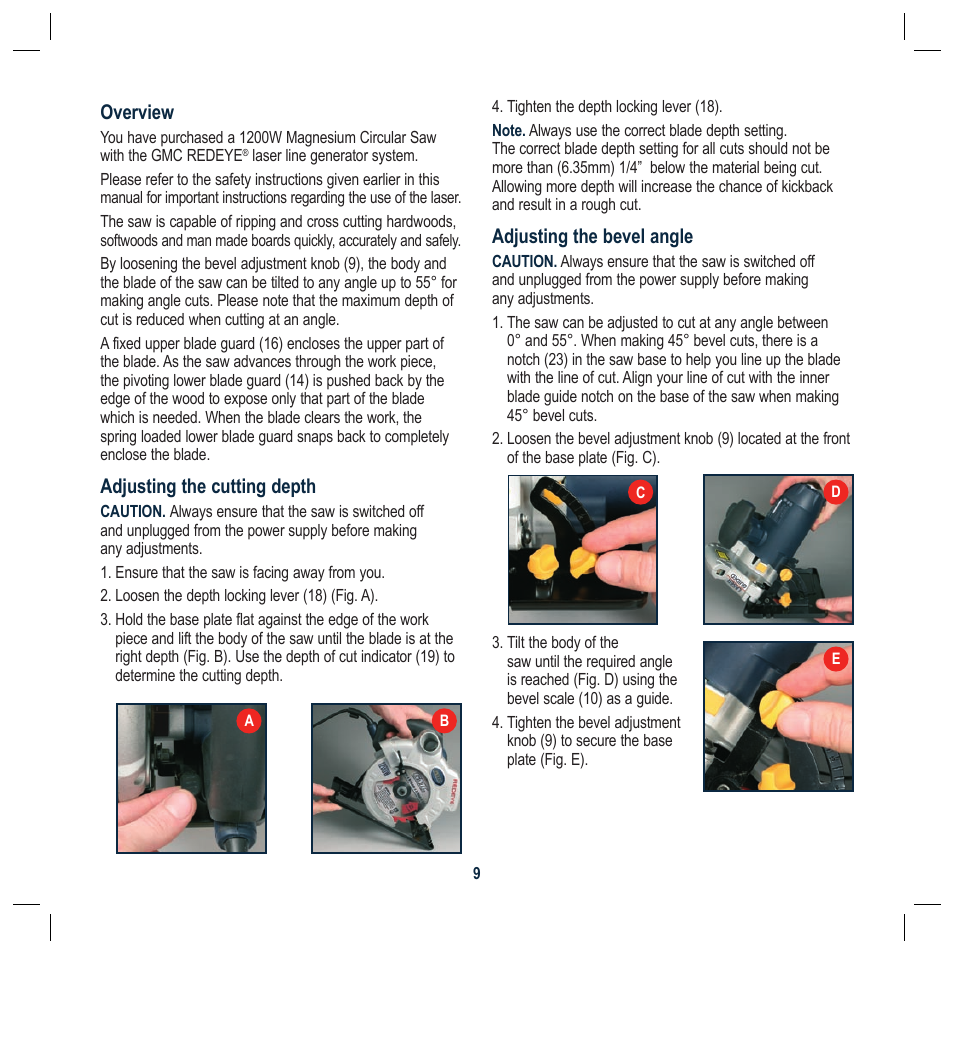 Overview, Adjusting the cutting depth, Adjusting the bevel angle | Global Machinery Company LS1200 User Manual | Page 9 / 16