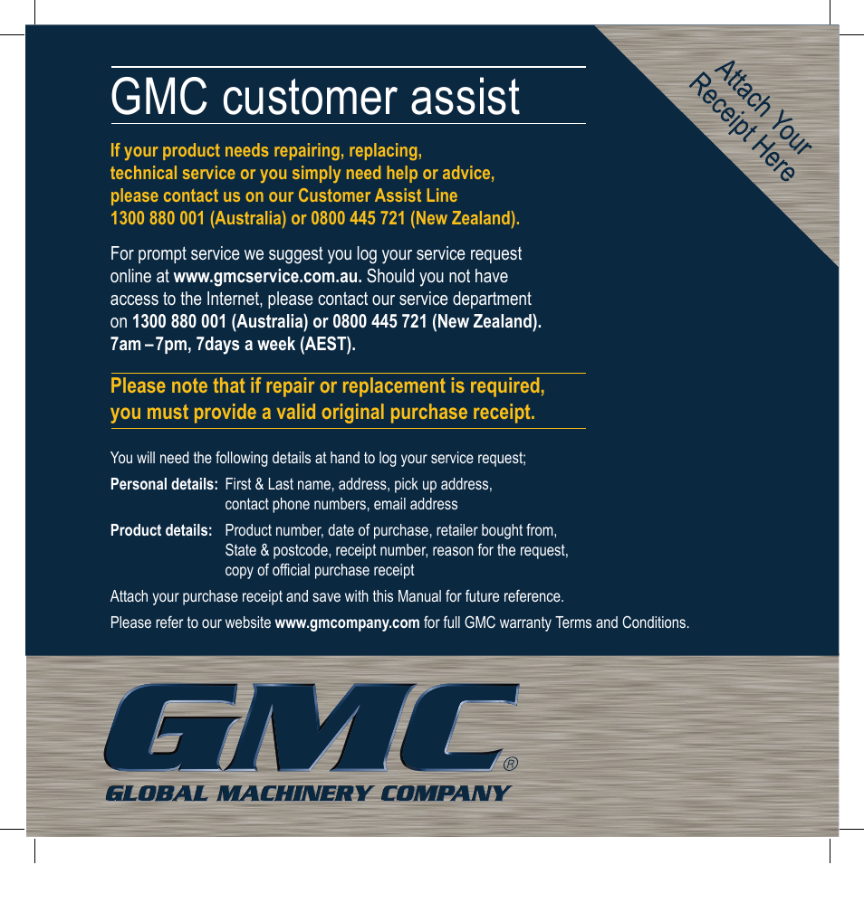 Gmc customer assist | Global Machinery Company 2000W User Manual | Page 12 / 12